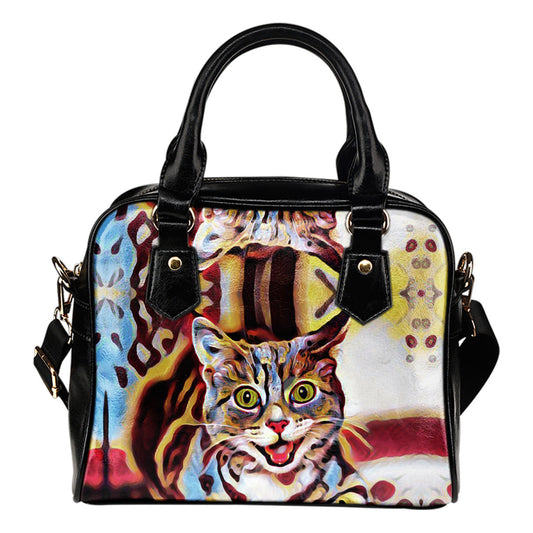 Cat Handbag Brown Blue Cat Shoulder Handbag